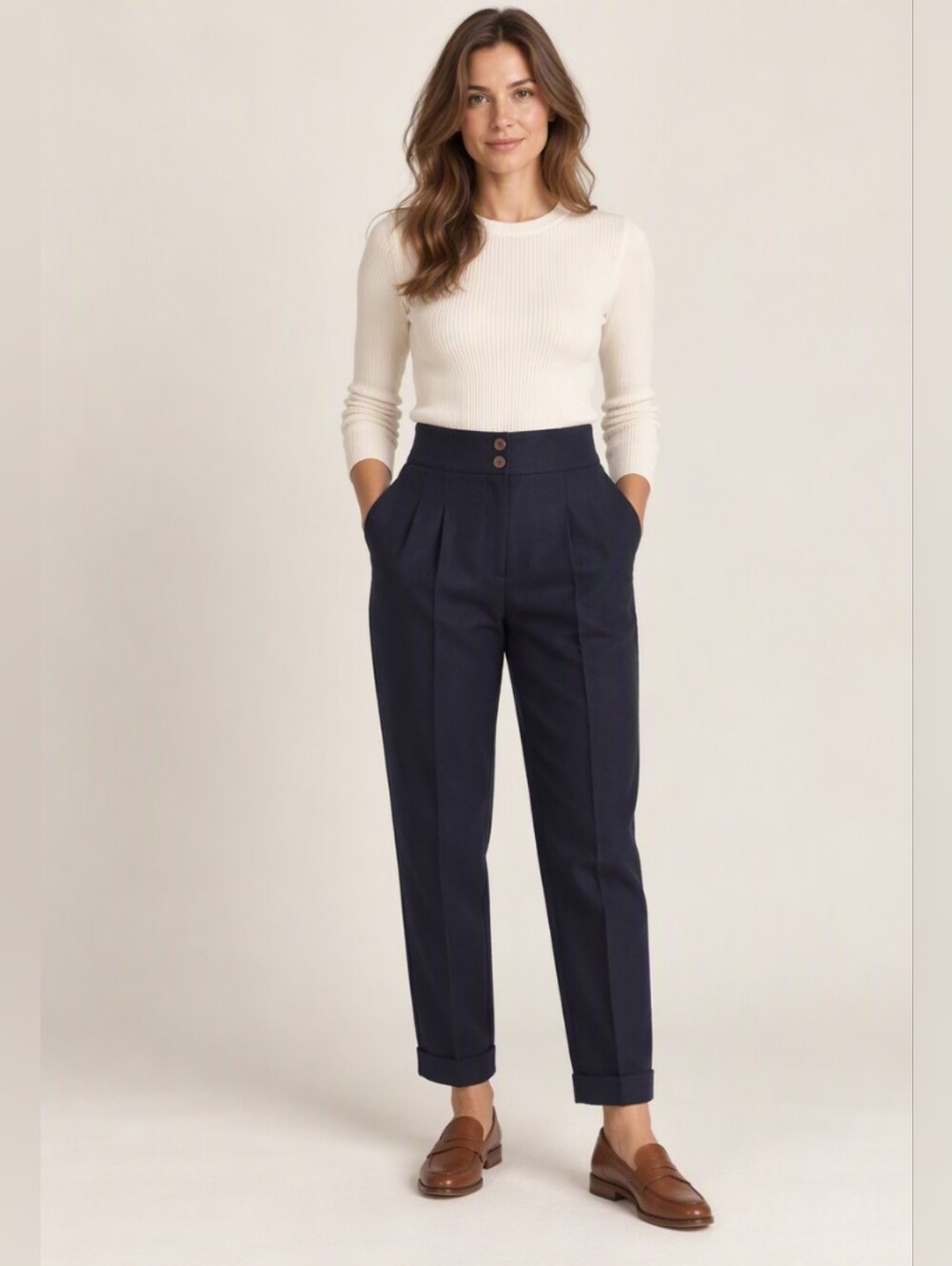 Jones New York Pure Virgin Wool Pants Size 10 Navy High Waist Tapered Career